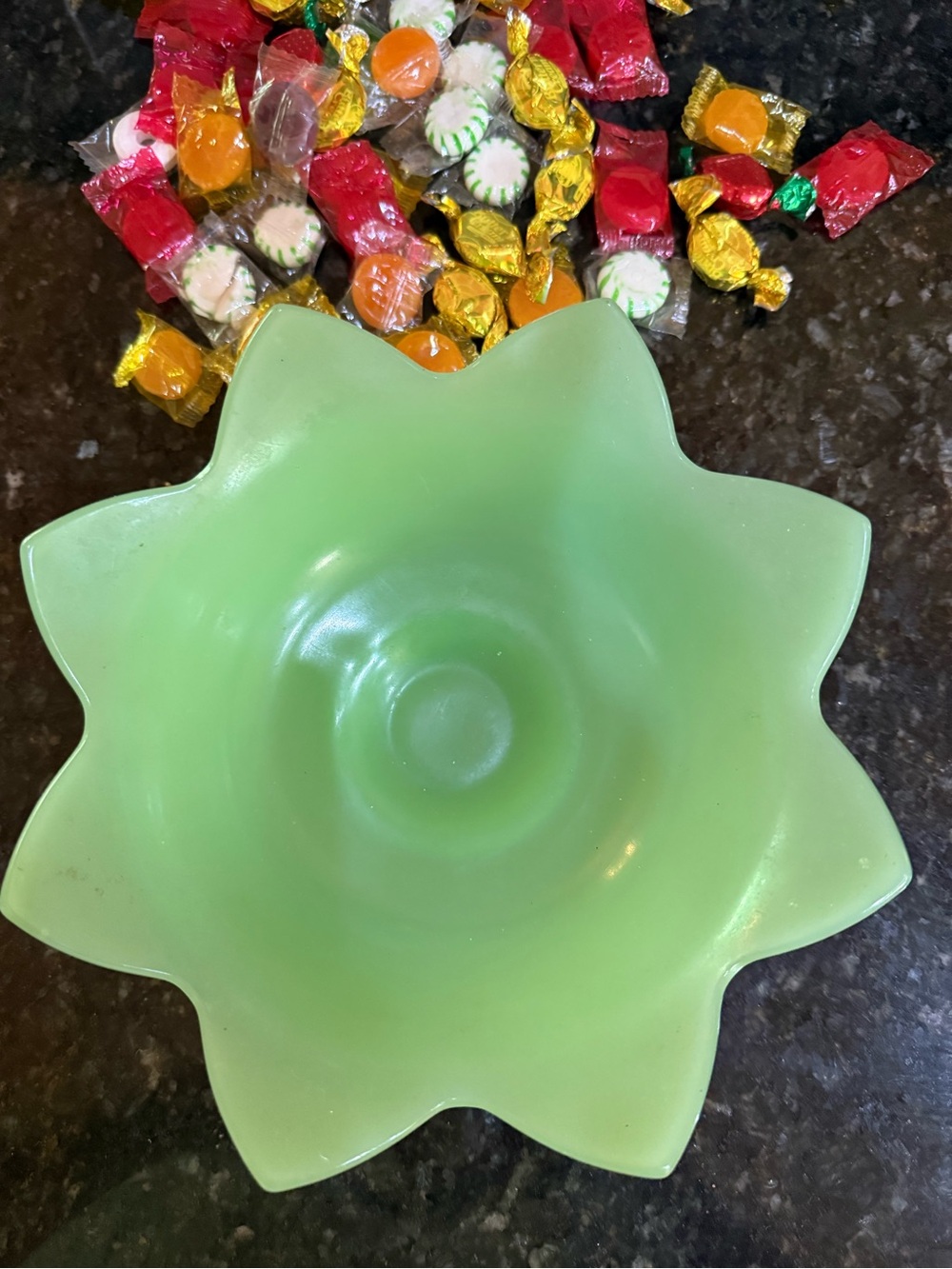 Antique Fenton Jadeite 9” Lotus Candy Bowl